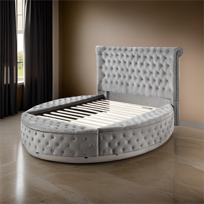 Modern Wood King Size Bed- Button Tufted- Bedside Bench with Storage- Gray