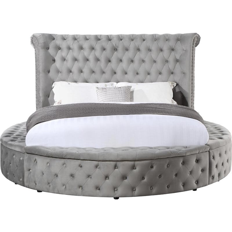 Modern Wood King Size Bed- Button Tufted- Bedside Bench with Storage- Gray