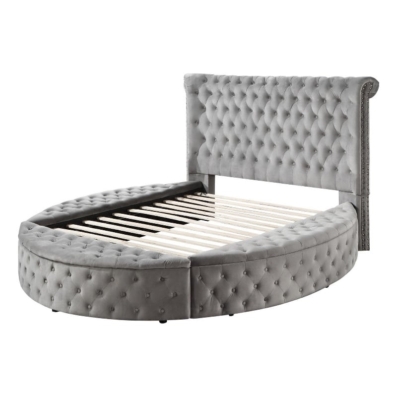 Modern Wood King Size Bed- Button Tufted- Bedside Bench with Storage- Gray