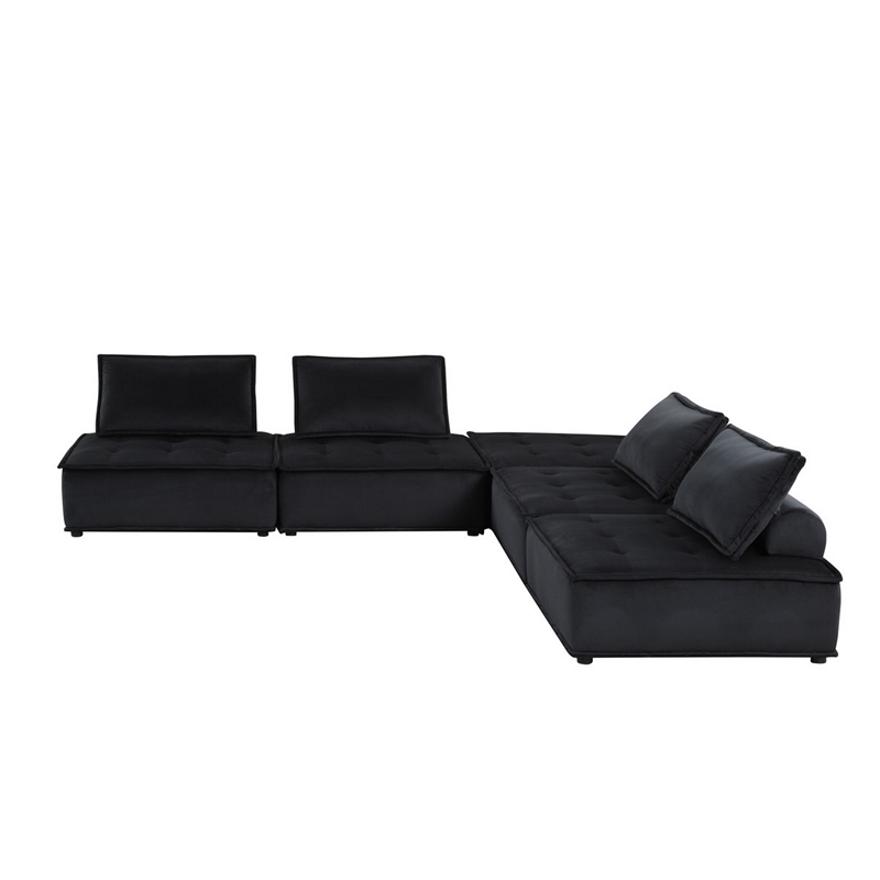 Alaya 120 Inch Tufted 5 Piece Sectional Sofa- Back Cushions- Black Velvet