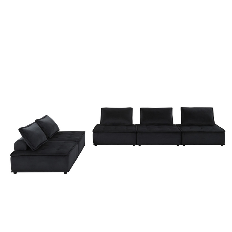 Alaya 120 Inch Tufted 5 Piece Sectional Sofa- Back Cushions- Black Velvet