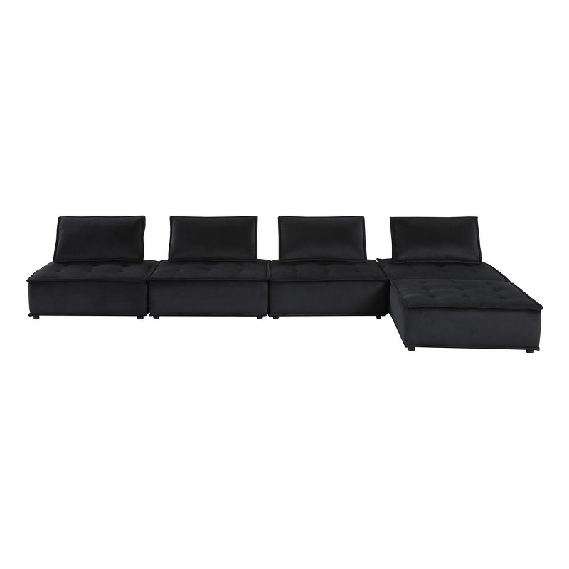 Alaya 120 Inch Tufted 5 Piece Sectional Sofa- Back Cushions- Black Velvet