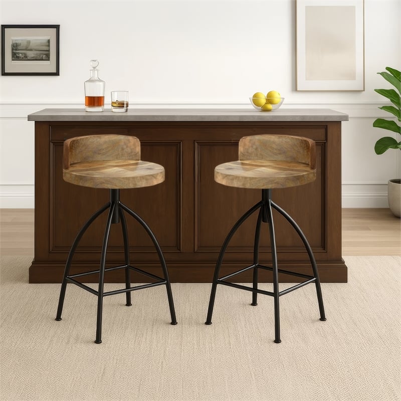 Pia 32-35 Extra Tall Adjustable Barstool- Set of 2-Natural Brown Mango Wood Seat