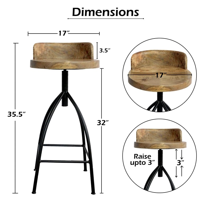 Pia 32-35 Extra Tall Adjustable Barstool- Set of 2-Natural Brown Mango Wood Seat