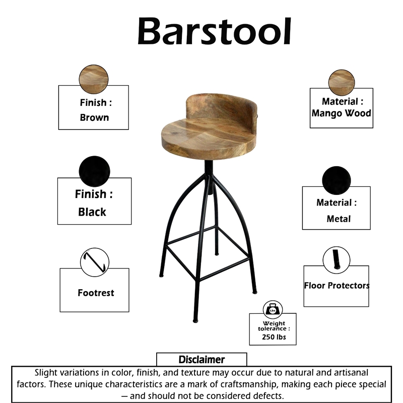 Pia 32-35 Extra Tall Adjustable Barstool- Set of 2-Natural Brown Mango Wood Seat