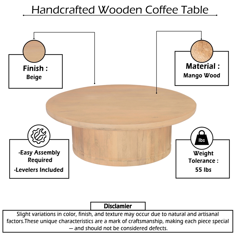 Bela Coffee Table - 47 Inch Round Top-Handcrafted Beige Mango Wood Pedestal Base