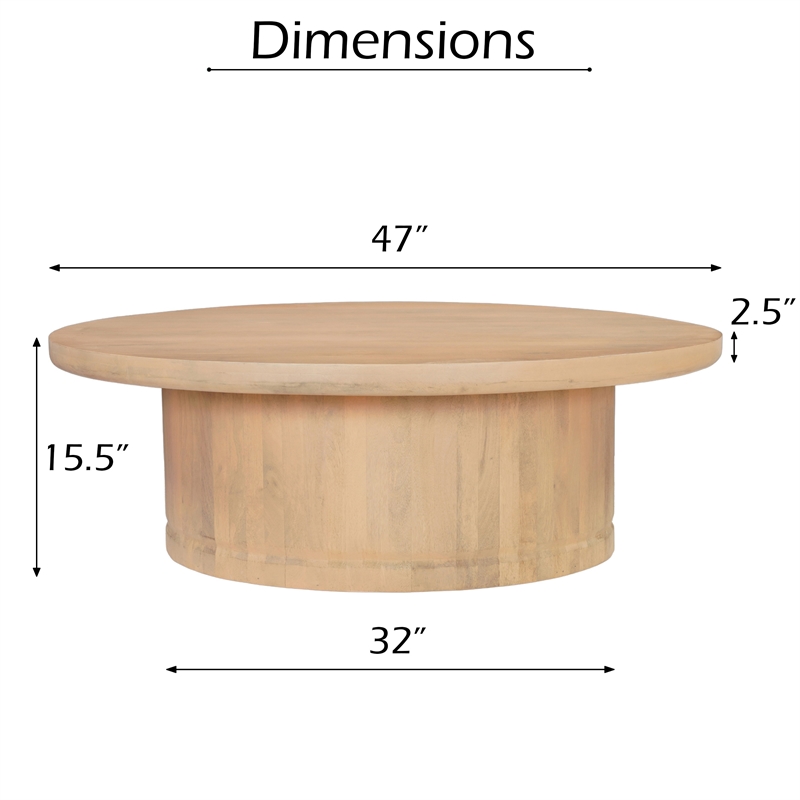 Bela Coffee Table - 47 Inch Round Top-Handcrafted Beige Mango Wood Pedestal Base