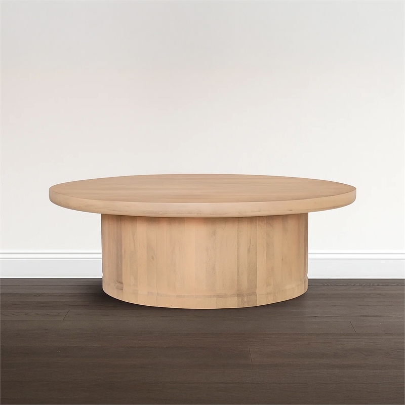 Bela Coffee Table - 47 Inch Round Top-Handcrafted Beige Mango Wood Pedestal Base