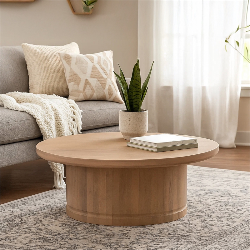 Bela Coffee Table - 47 Inch Round Top-Handcrafted Beige Mango Wood Pedestal Base