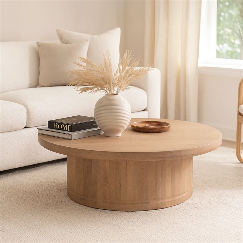 Bela Coffee Table - 47 Inch Round Top-Handcrafted Beige Mango Wood Pedestal Base