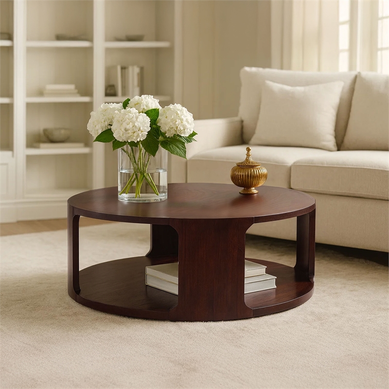 Bard Coffee Table-38 Inch Round Top with Shelf-Brown Mango Wood Sculptural Frame