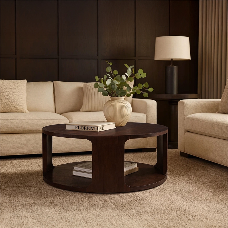 Bard Coffee Table-38 Inch Round Top with Shelf-Brown Mango Wood Sculptural Frame