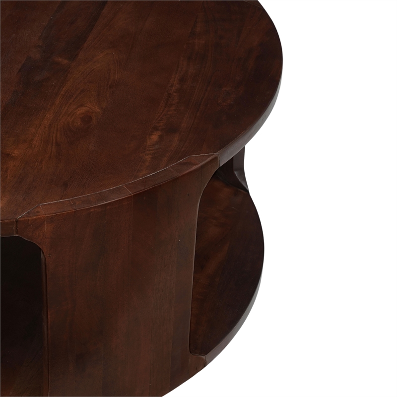 Bard Coffee Table-38 Inch Round Top with Shelf-Brown Mango Wood Sculptural Frame