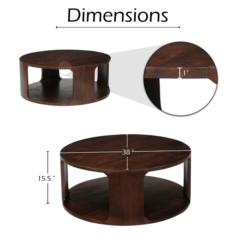 Bard Coffee Table-38 Inch Round Top with Shelf-Brown Mango Wood Sculptural Frame