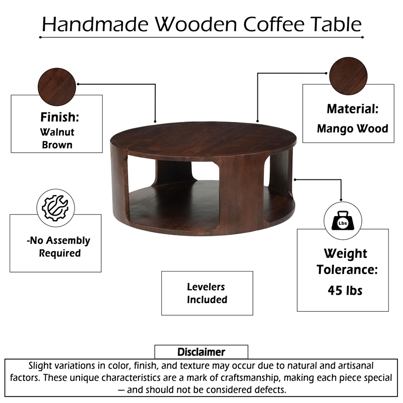 Bard Coffee Table-38 Inch Round Top with Shelf-Brown Mango Wood Sculptural Frame
