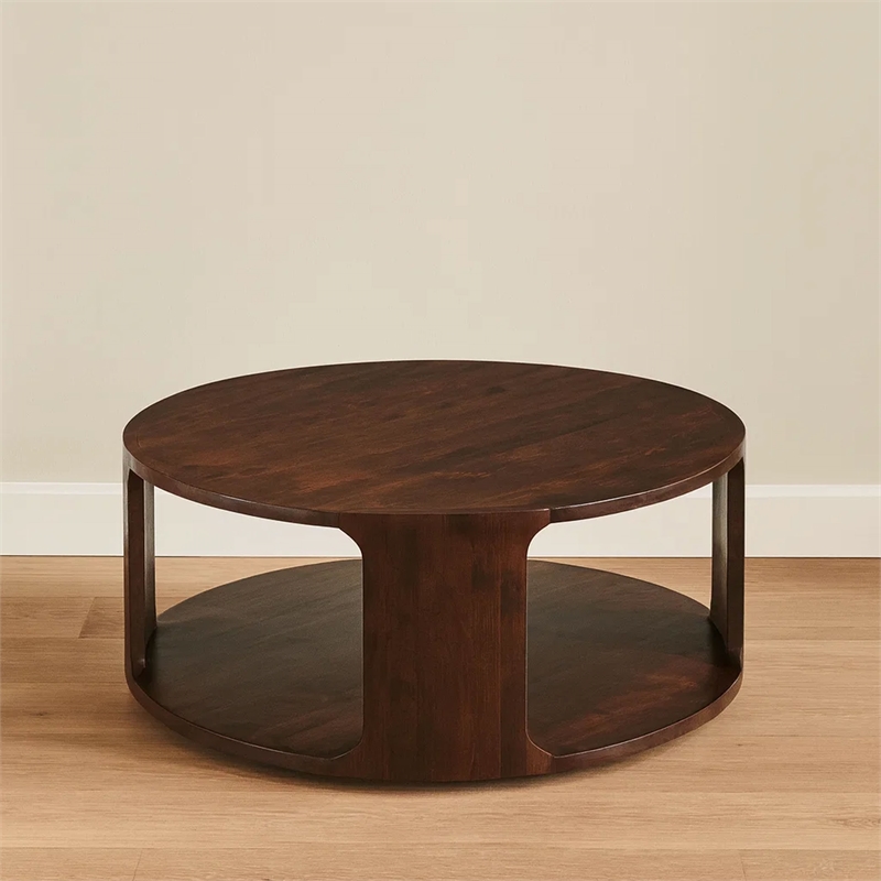 Bard Coffee Table-38 Inch Round Top with Shelf-Brown Mango Wood Sculptural Frame