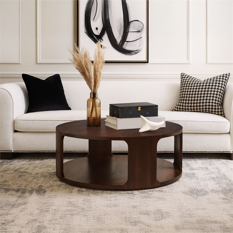 Bard Coffee Table-38 Inch Round Top with Shelf-Brown Mango Wood Sculptural Frame
