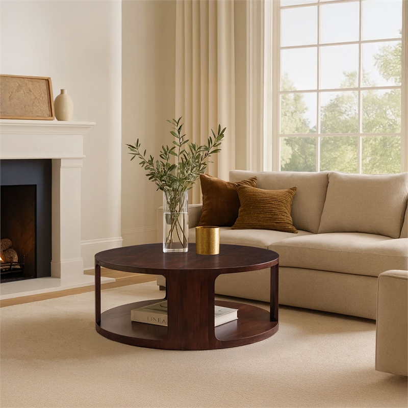 Bard Coffee Table-38 Inch Round Top with Shelf-Brown Mango Wood Sculptural Frame