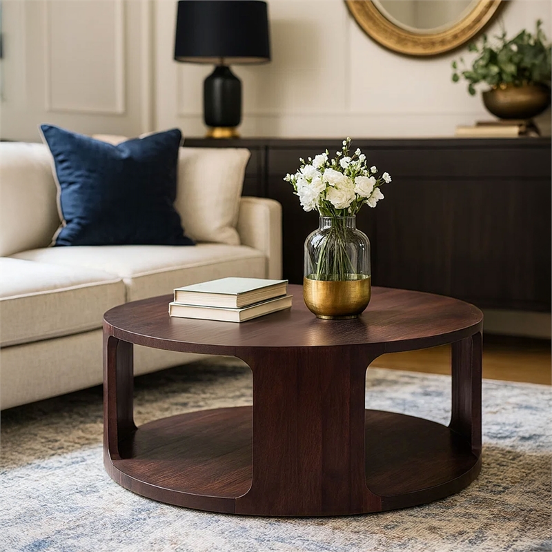 Bard Coffee Table-38 Inch Round Top with Shelf-Brown Mango Wood Sculptural Frame
