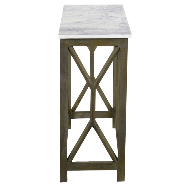 Agas 41 Inch Sofa Console Table-Genuine Marble Top-Sandblasted Gray Mango Wood