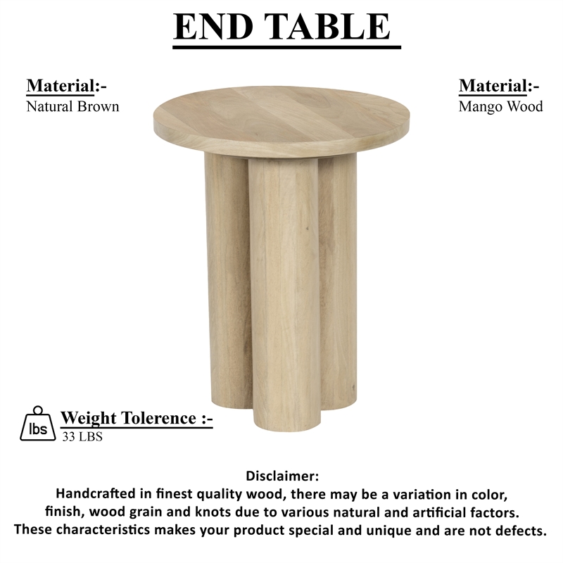 Hazel 17.7 Inch Round Side Table with 3 Pillar Legs-Handcrafted Brown Mango Wood