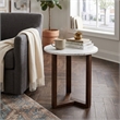 Fina 20 Inch Round Side End Table- White Genuine Marble Top- Brown Mango Wood
