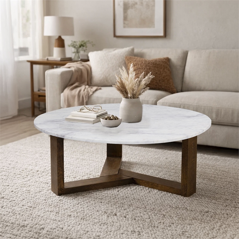 Fina 38 Inch Round Coffee Table- White Genuine Marble Top- Brown Mango Wood
