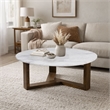 Fina 38 Inch Round Coffee Table- White Genuine Marble Top- Brown Mango Wood