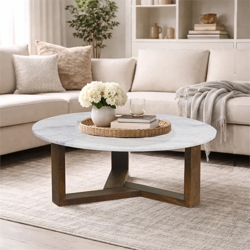 Fina 38 Inch Round Coffee Table- White Genuine Marble Top- Brown Mango Wood