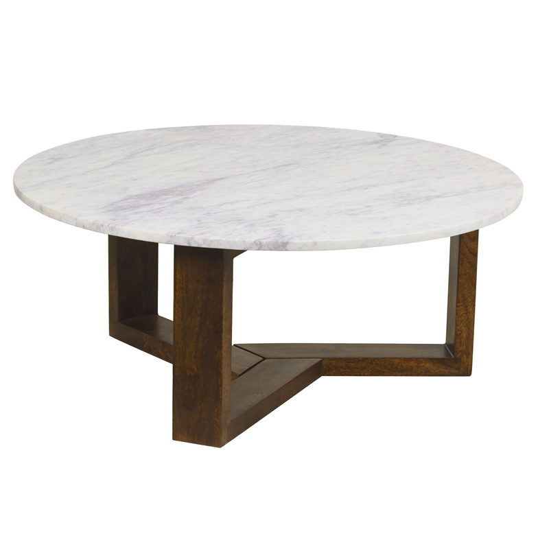 Fina 38 Inch Round Coffee Table- White Genuine Marble Top- Brown Mango Wood