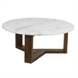Fina 38 Inch Round Coffee Table- White Genuine Marble Top- Brown Mango Wood