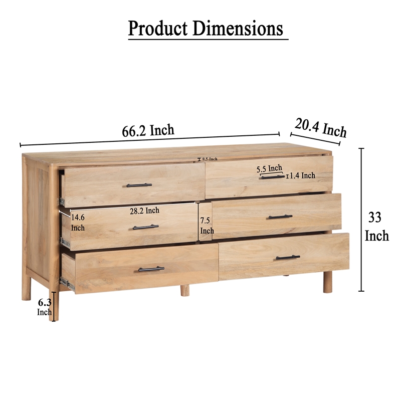 Geti 66 Inch Wide Dresser- 6 Drawers- Handcrafted Natural Oak White Mango Wood