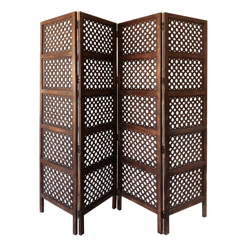 Decorative Four Panel Mango Wood Hinged Room Divider with Circular Cutout Design