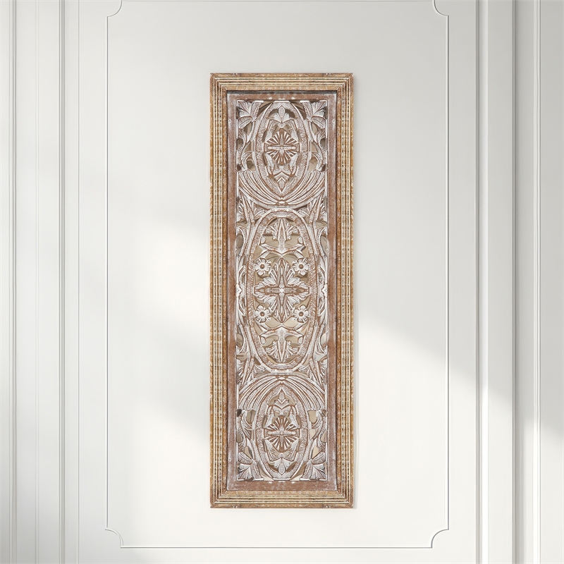 Rectangular Mango Wood Wall Panel Hand Crafted With Intricate Carving- Brown