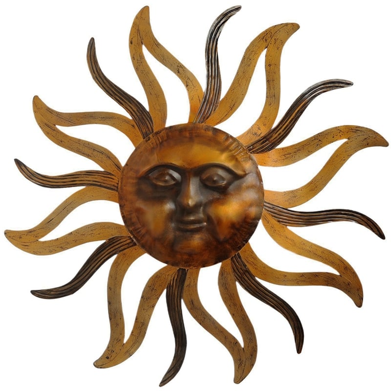 35 Inch Round Wall Mounted Sun Face Accent Decor- Carved Rustic Gold