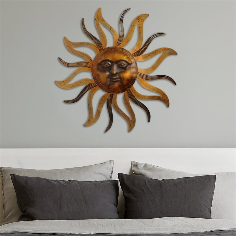 35 Inch Round Wall Mounted Sun Face Accent Decor- Carved Rustic Gold