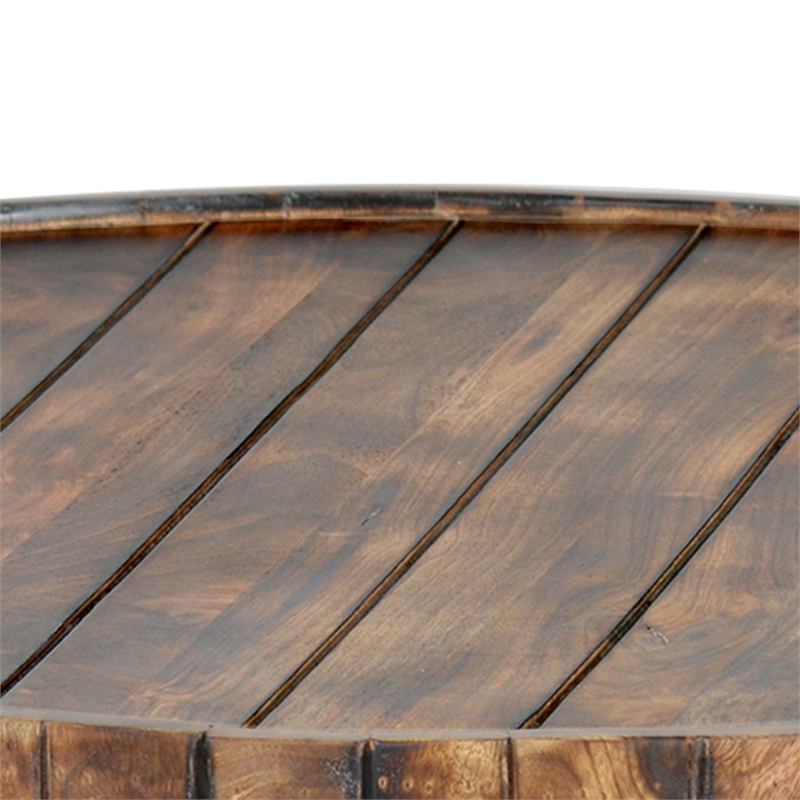 34 Inch Handmade Wooden Round Coffee Table with Plank Design- Burned Brown