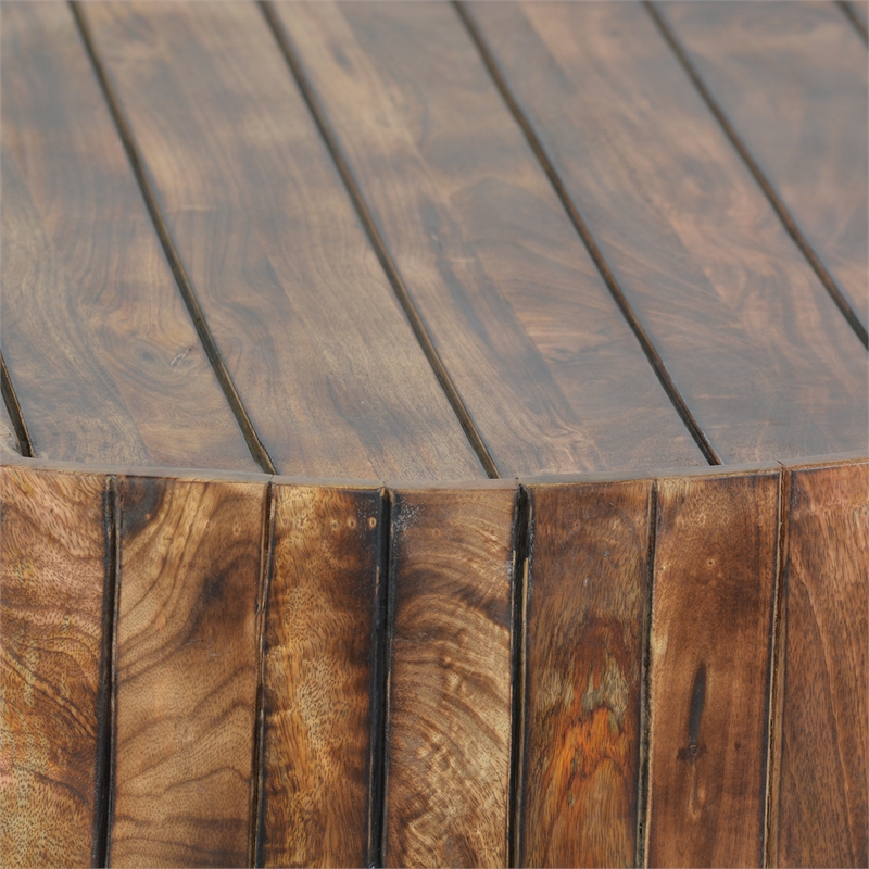 34 Inch Handmade Wooden Round Coffee Table with Plank Design- Burned Brown