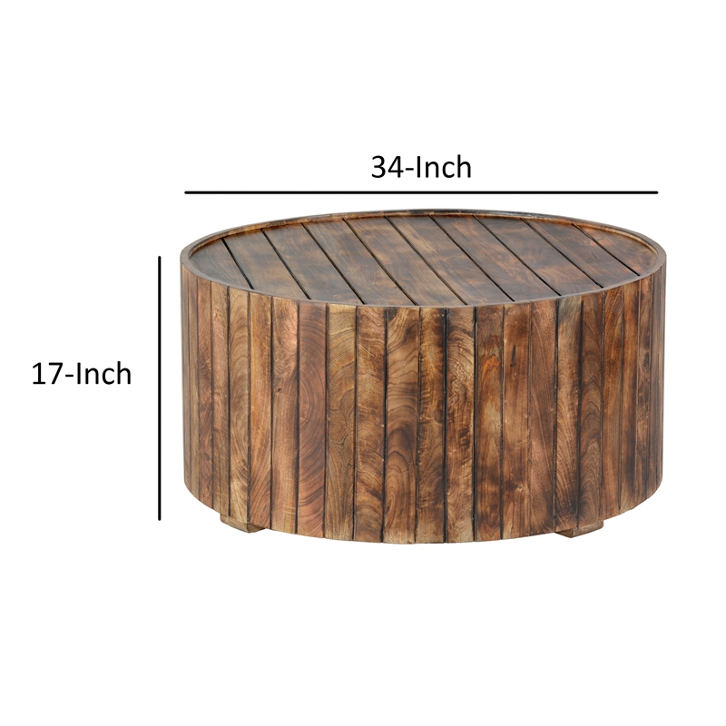 34 Inch Handmade Wooden Round Coffee Table with Plank Design- Burned Brown