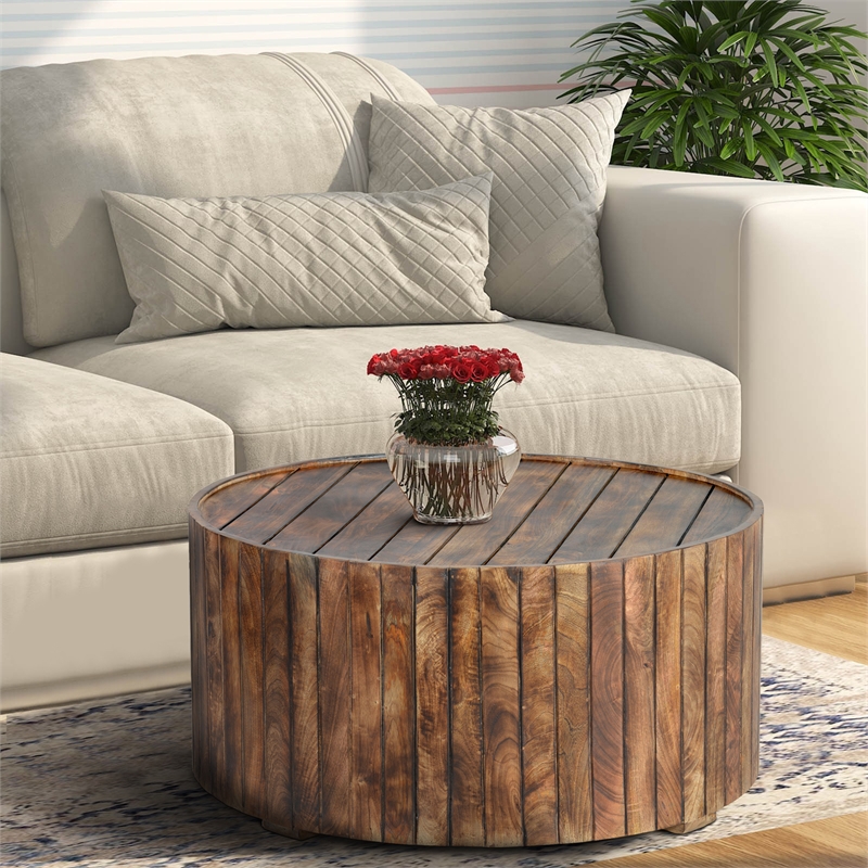34 Inch Handmade Wooden Round Coffee Table with Plank Design- Burned Brown