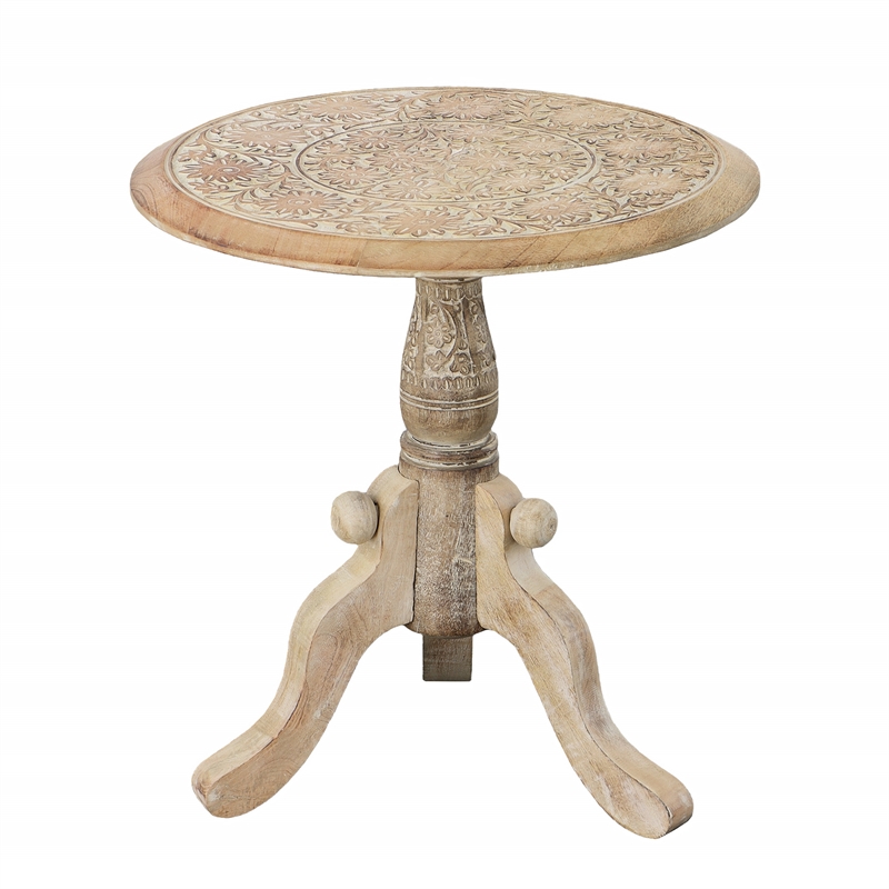 Intricately Carved Round Top Mango Wood Side End Table with Pedestal Base- Brown