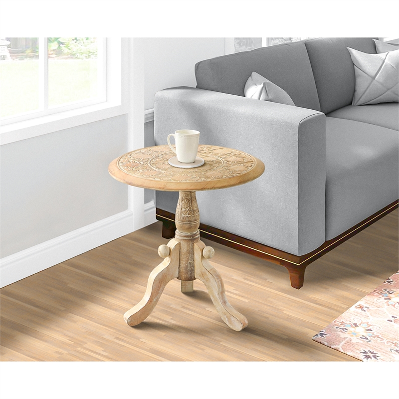 Intricately Carved Round Top Mango Wood Side End Table with Pedestal Base- Brown