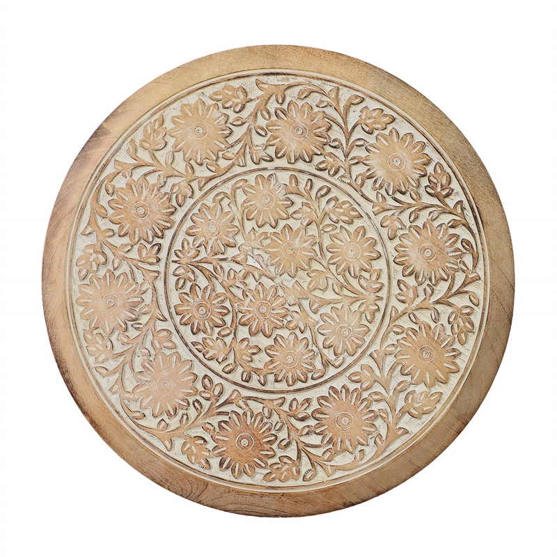 Intricately Carved Round Top Mango Wood Side End Table with Pedestal Base- Brown