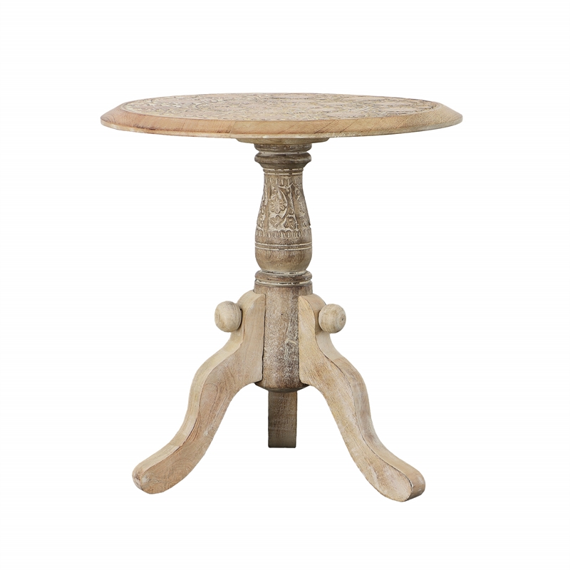 Intricately Carved Round Top Mango Wood Side End Table with Pedestal Base- Brown
