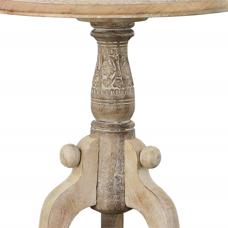 Intricately Carved Round Top Mango Wood Side End Table with Pedestal Base- Brown
