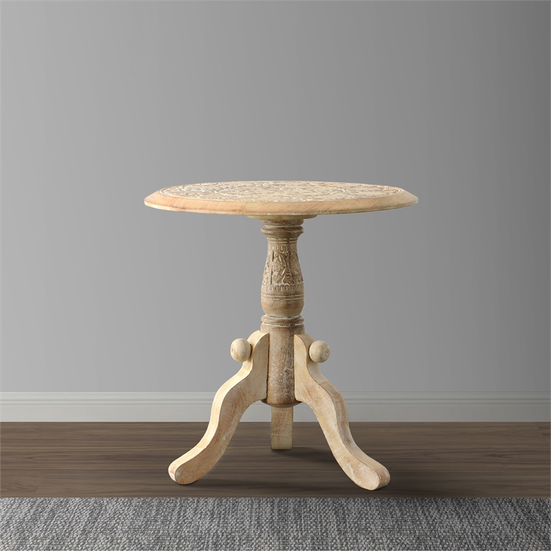 Intricately Carved Round Top Mango Wood Side End Table with Pedestal Base- Brown
