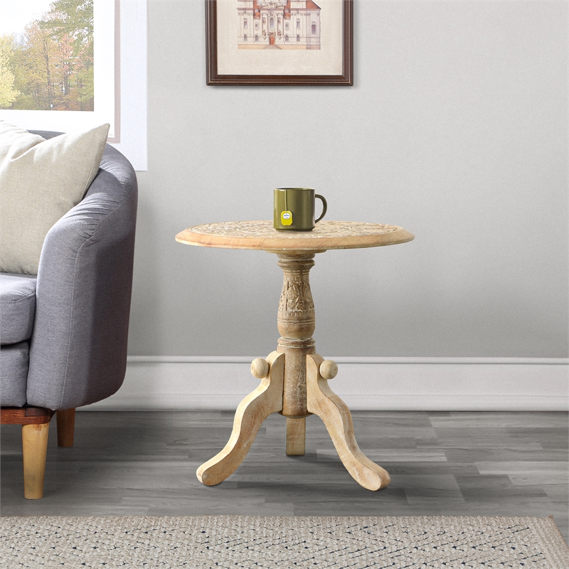 Intricately Carved Round Top Mango Wood Side End Table with Pedestal Base- Brown