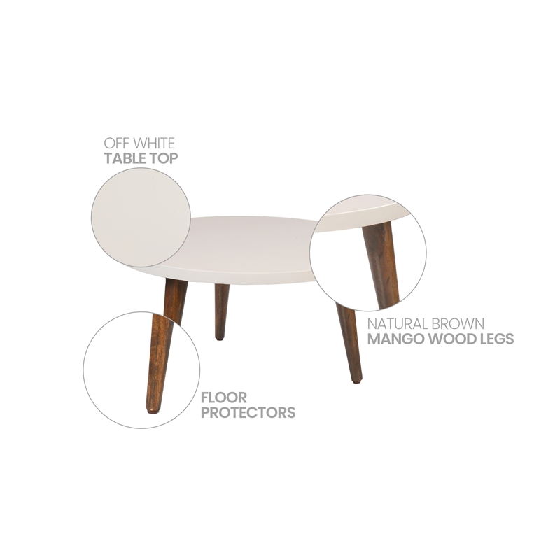 24 Inch Modern Coffee Table- Round MDF Top- Tapered Mango Wood Legs