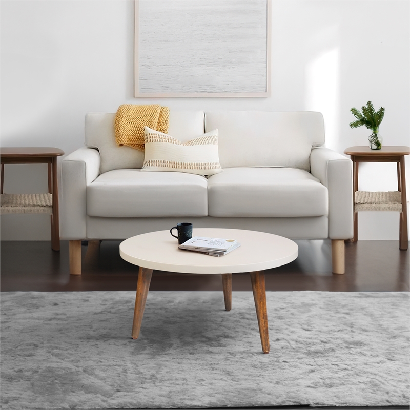 24 Inch Modern Coffee Table- Round MDF Top- Tapered Mango Wood Legs