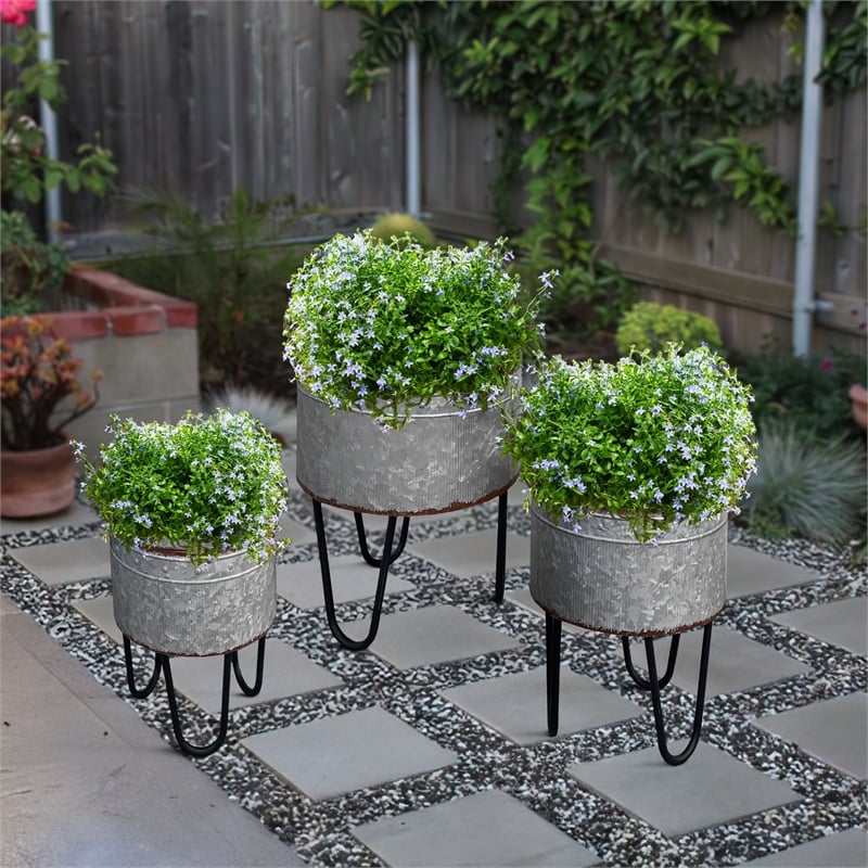 Galvanized Sheet Planter Tubs- Iron Powder Coated Hairpin Legs- Set of 3- Gray
